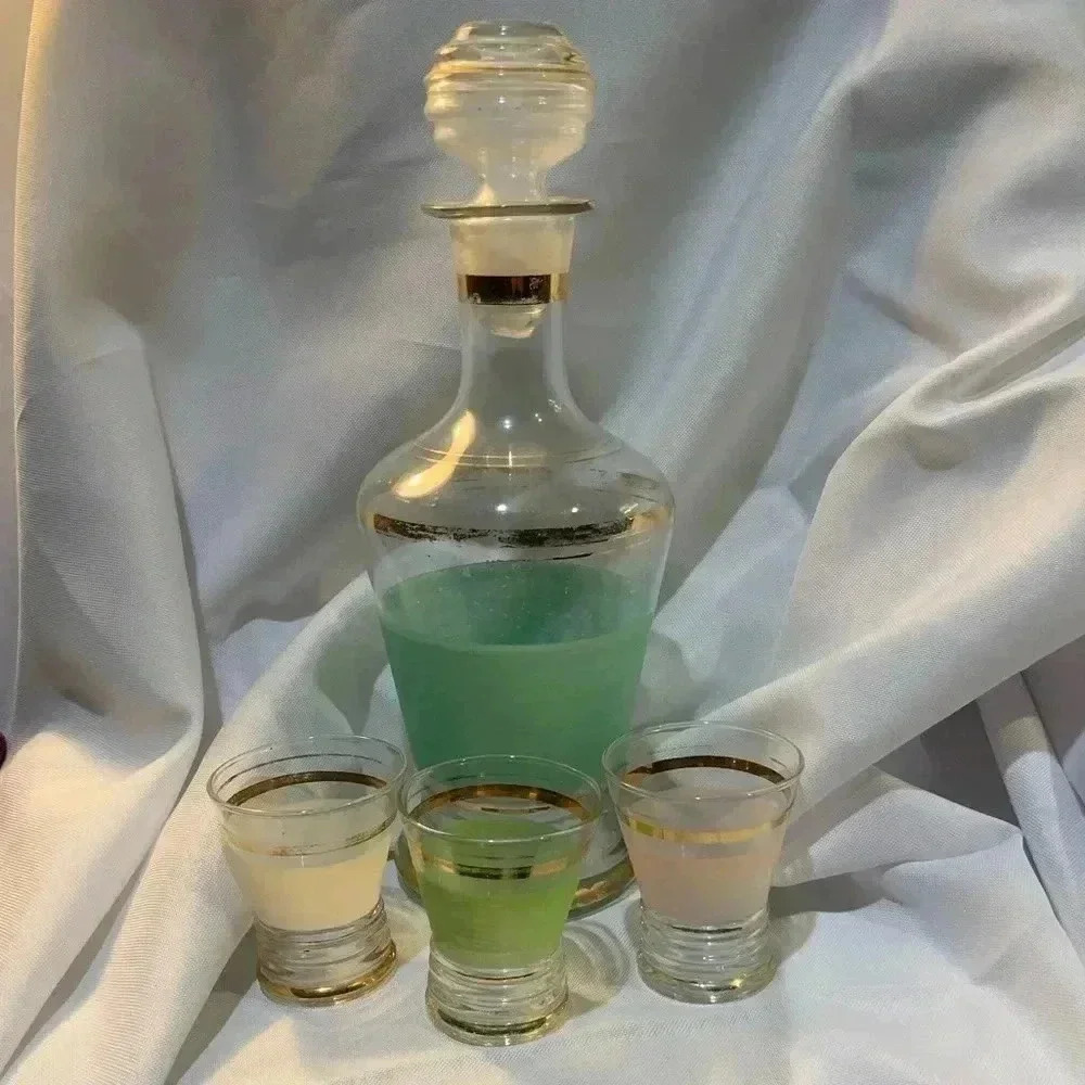 Vintage 1950s Decanter with Multicolor Mini Glasses